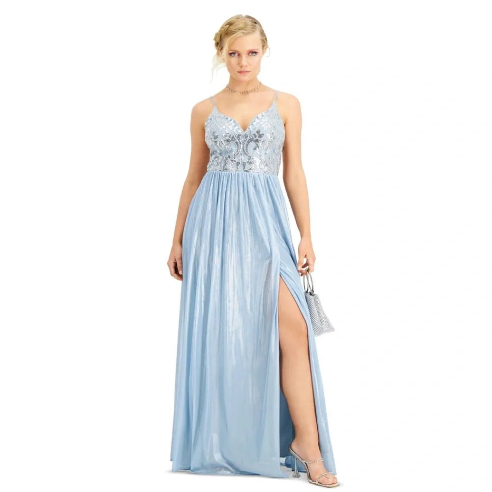 CITY STUDIO Blue Spaghetti Strap Full-Length Prom Dress